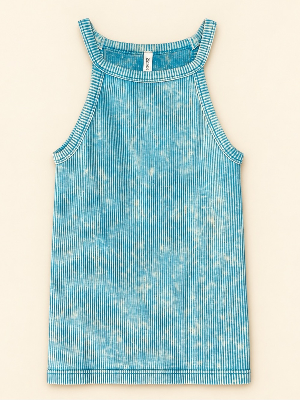 Zenana Blue Ribbed High Neck Tank – S/M – NWOT